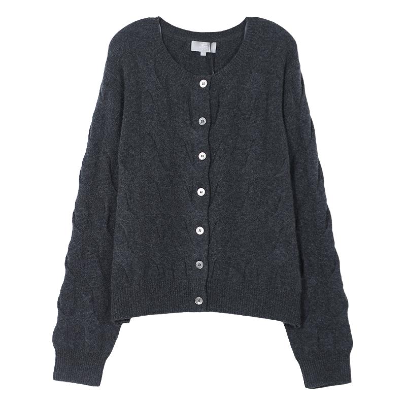 东黎山羊绒 秋冬季女士慵懒风时尚彩色绞花羊绒开衫外套圆领百搭