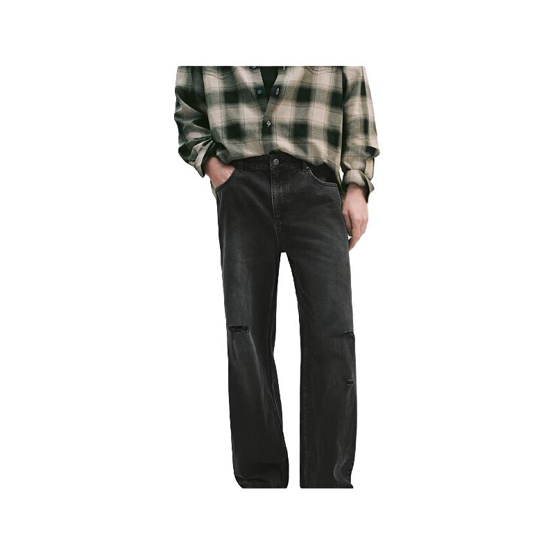 UR2025秋季男装复古水洗破洞棉质阔腿牛仔长裤UUV850002 黑色 32