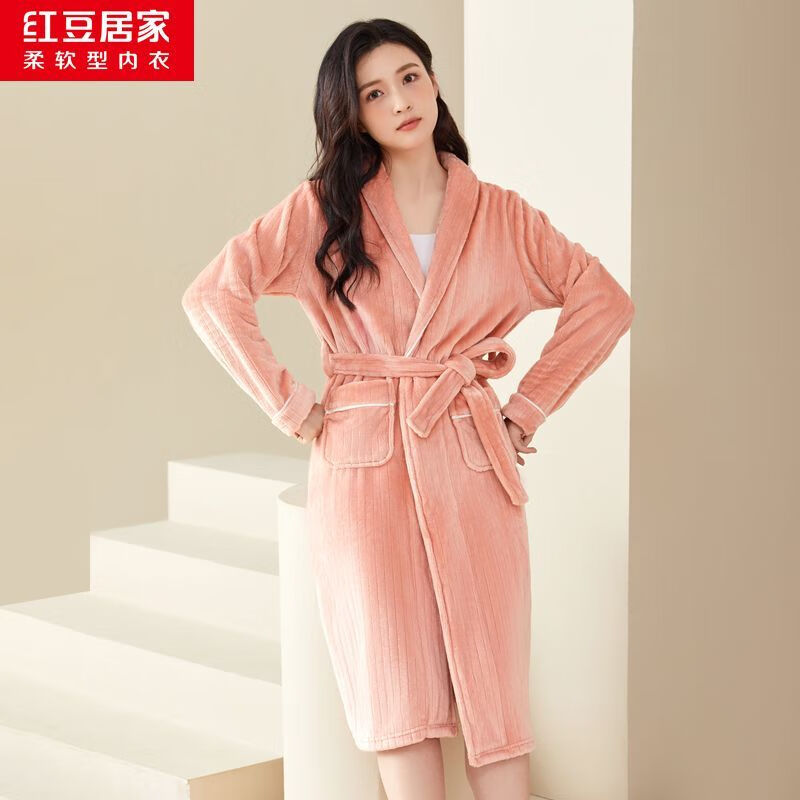 红豆（Hodo）法兰绒睡袍秋冬加厚睡衣女中长款系带浴袍保暖不掉毛 女海棠粉 S 160