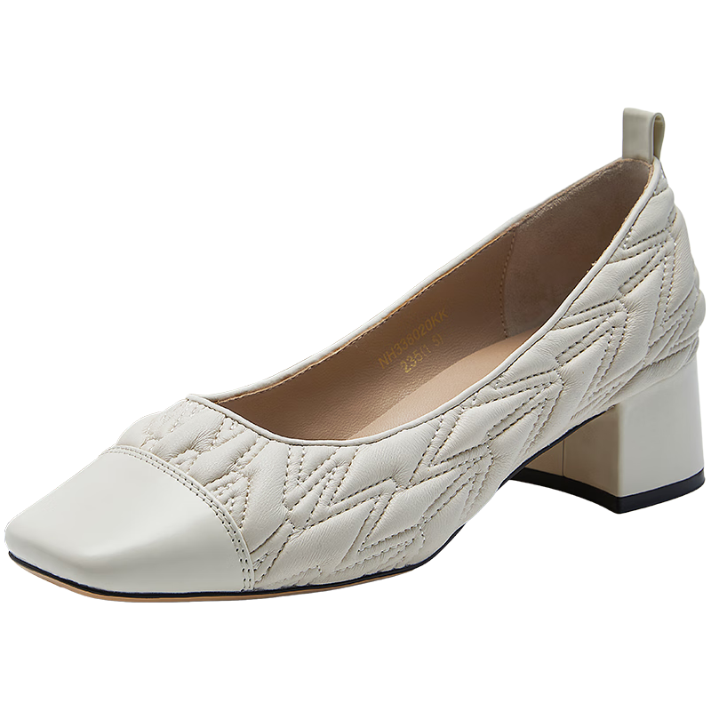 NINE WEST 玖熙 通勤单鞋女复古压纹方头软底高跟鞋女鞋 米白 35