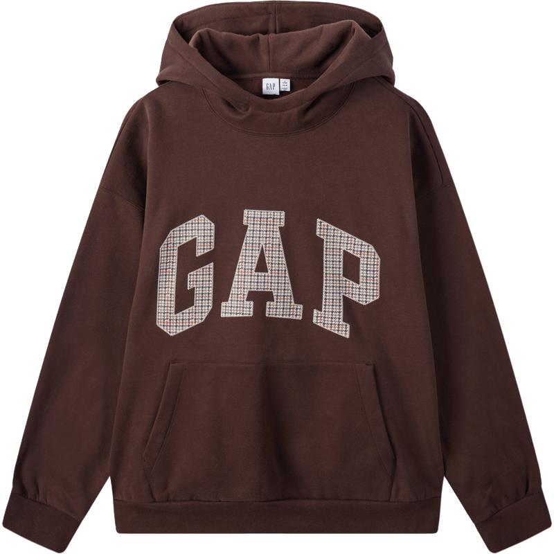 盖璞 Gap男女装春季款美式格纹logo碳素软磨抓绒连帽卫衣609221
