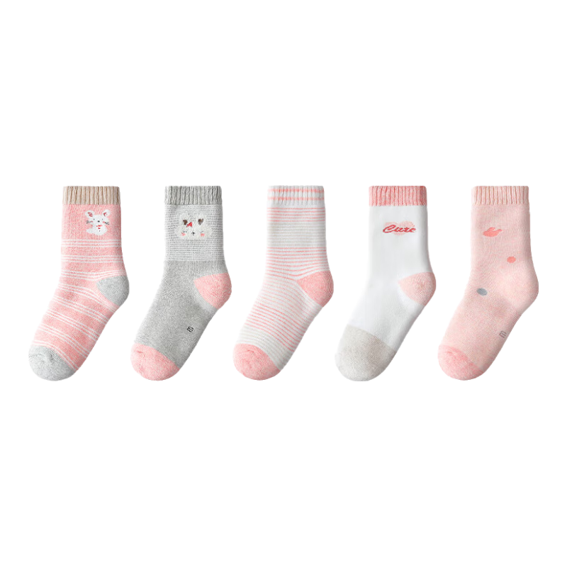 英氏儿童袜子男女童秋冬加厚毛圈袜条纹5双装中筒棉袜袜女童S 3-5岁 （脚长16-18cm）