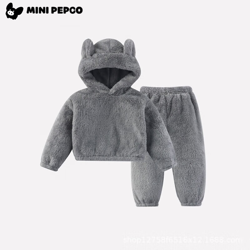 小猪班纳（PEPCO）儿童毛绒上衣秋冬儿童连帽加绒保暖毛绒家居服套装毛毛衣 灰色【韩版毛绒套装】 120 cm
