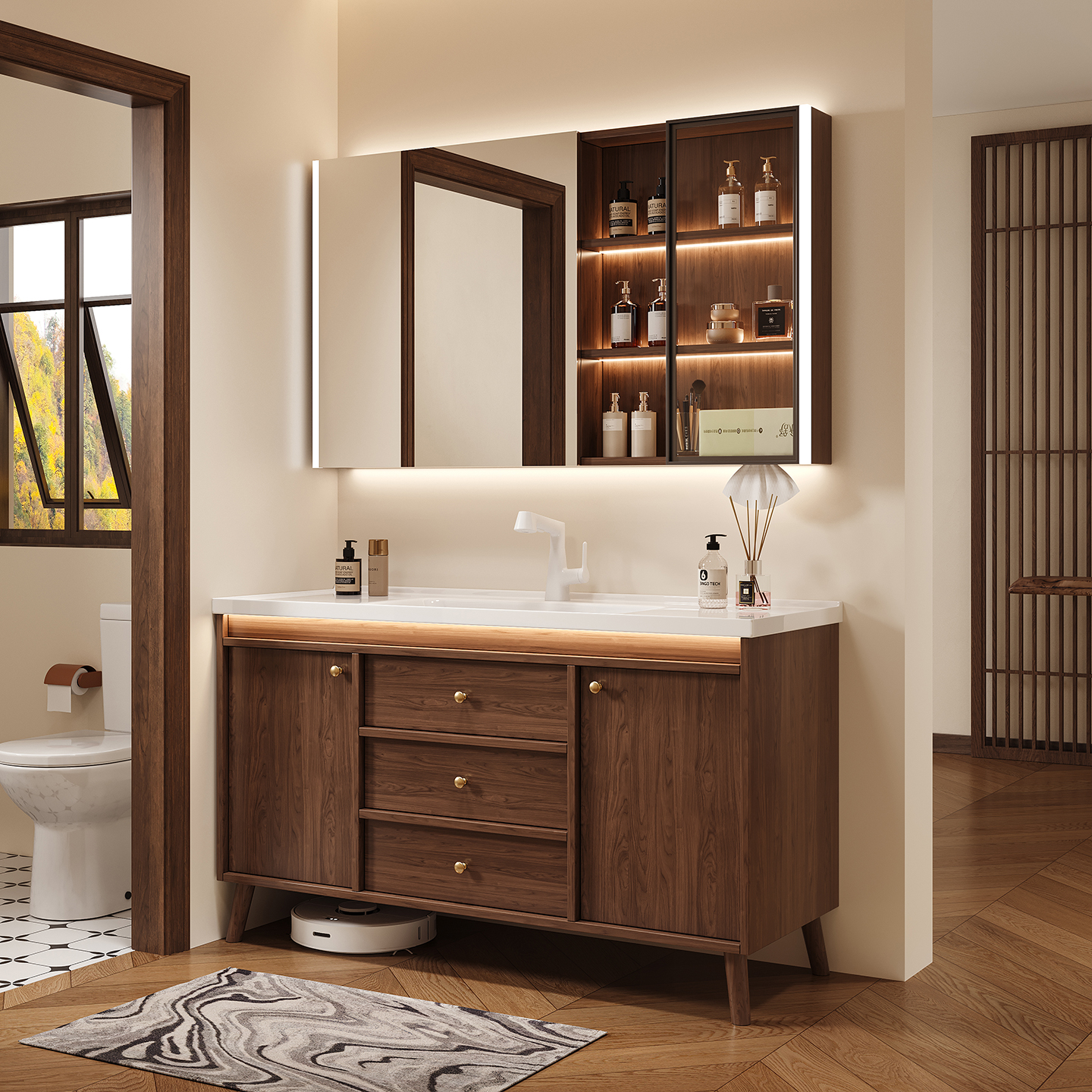 中古风胡桃木陶瓷一体盆落地式浴室柜组合卫生间洗手盆洗脸洗漱台