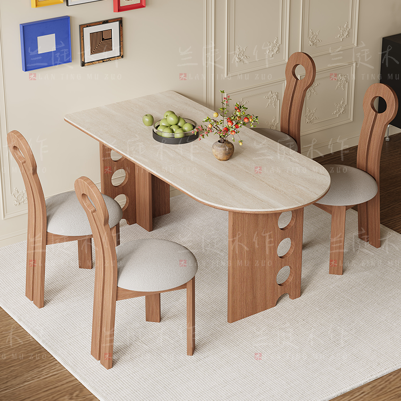 中古风岩板洞石法式餐桌家用小户型轻奢奶油半圆半岛形餐桌子客厅