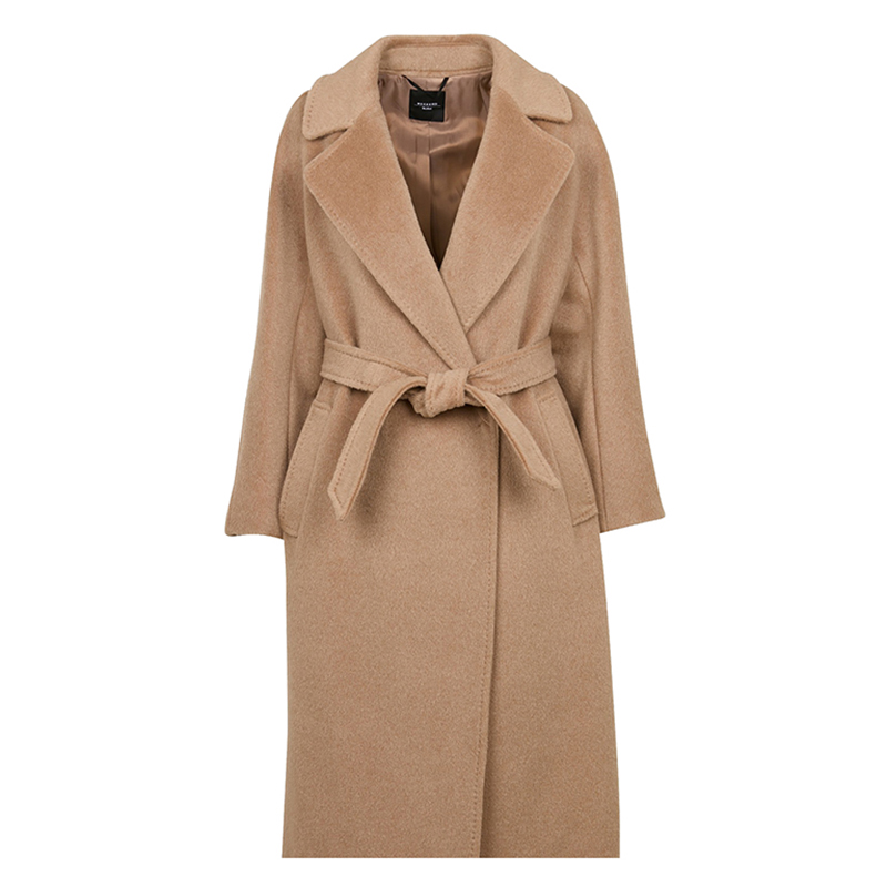 MAX MARA Weekend 24年款女士驼色羊毛混纺开缝口袋翻领系带大衣