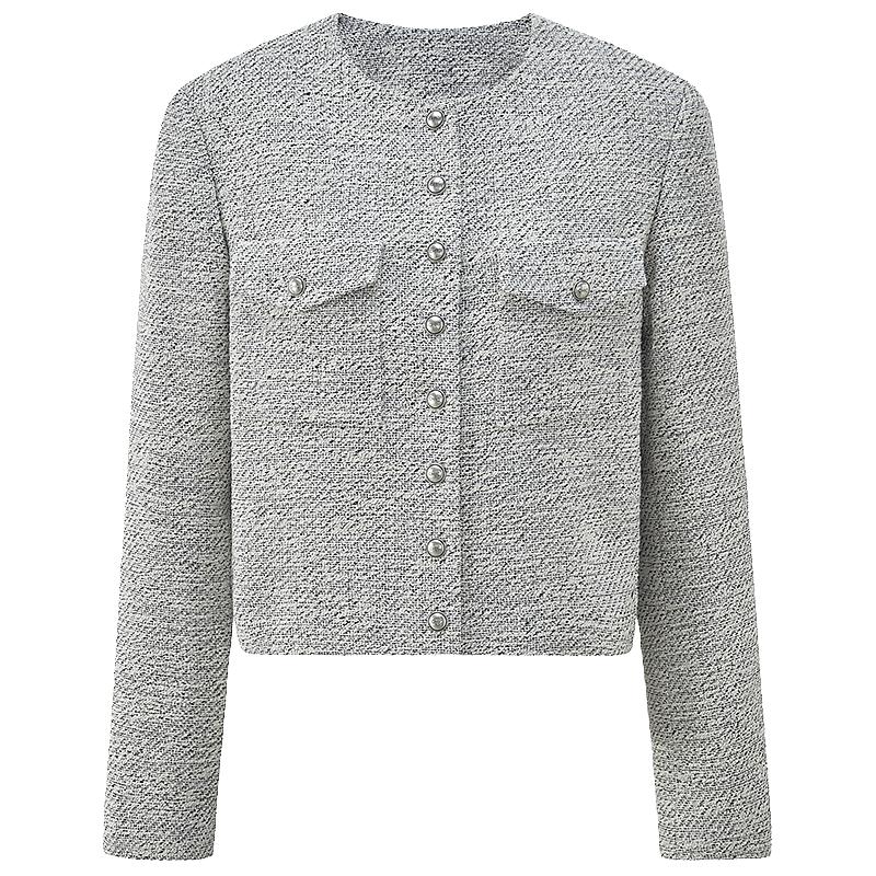 欧时力 秋季双色花式织高级感正肩小香风羽绒外套女