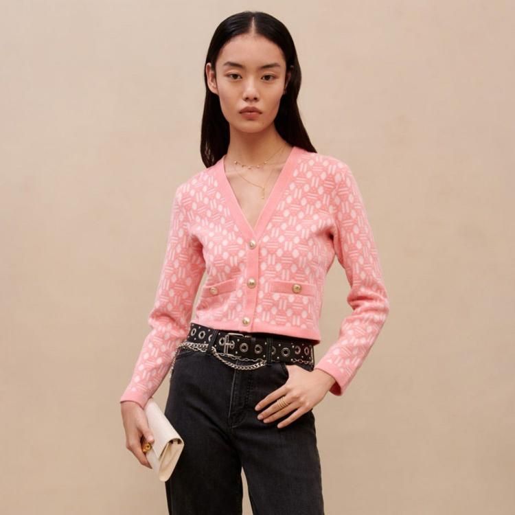 MAJE 冬季女装芭比粉老花小香风针织开衫外套上衣