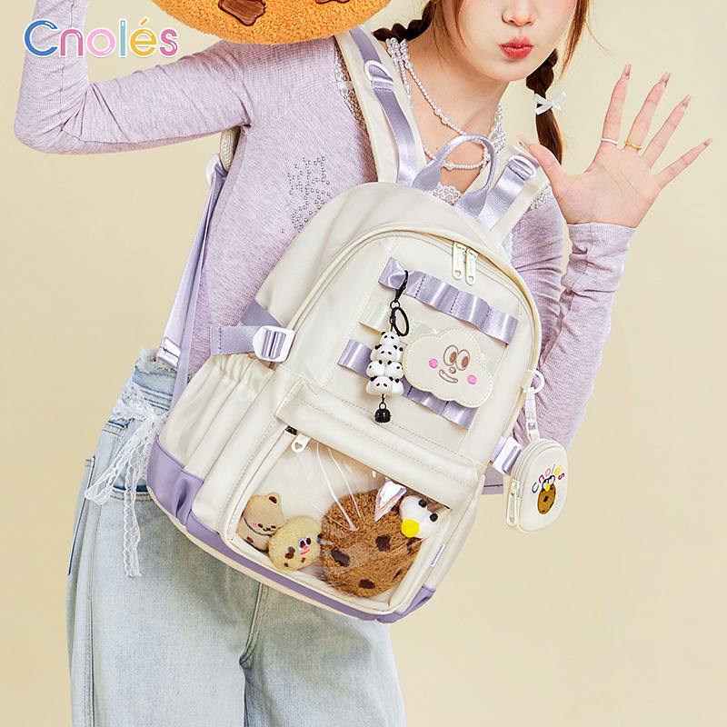 CnolesCnolés/蔻一捣蛋派对双肩包女可爱高颜值ins书包初中女生青春少女风拉链校园白烟紫，胭脂粉暗格电脑插袋主袋有轻度防水28x13x40cm