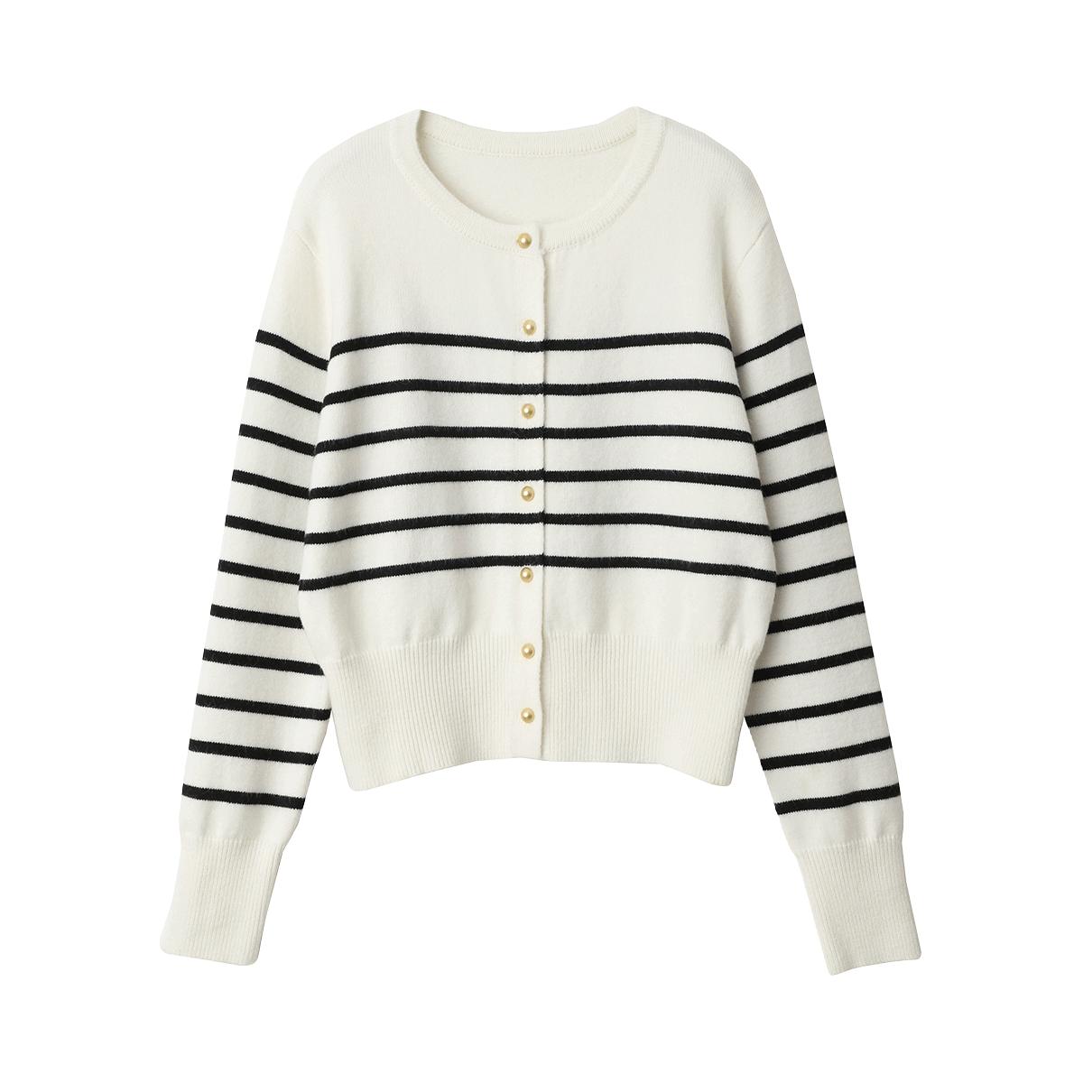 TOYOUTH/初语 经典撞色条纹开衫 针织外套女春秋时尚圆领长袖毛衫外搭上衣