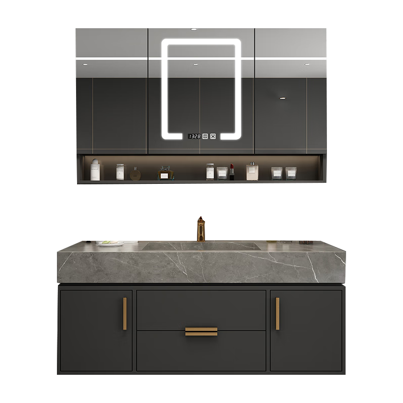 勒臣岩板一体台盆浴室柜实木卫生间洗手盆洗脸盆台面柜洗漱池台盆卫浴 110cm智能方镜+岩板陶瓷盆 多层实木板材 轻奢风 悬挂式