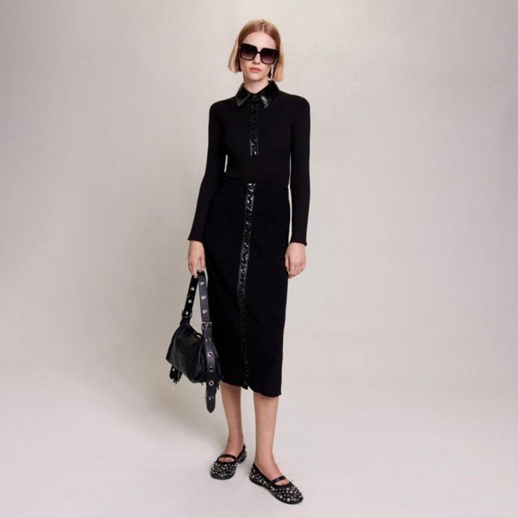 MAJE 冬季女士时尚小香风针织半裙修身A字裙长款针织半裙