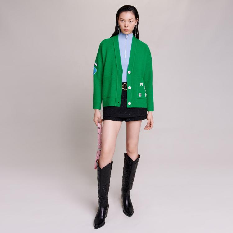 MAJE 冬季法式时尚绿色长袖针织开衫上衣时尚百搭休闲