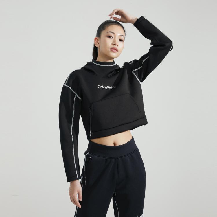 Calvin Klein 【吸湿运动】CK运动秋季女士休闲撞色字母跑步连帽短款卫衣