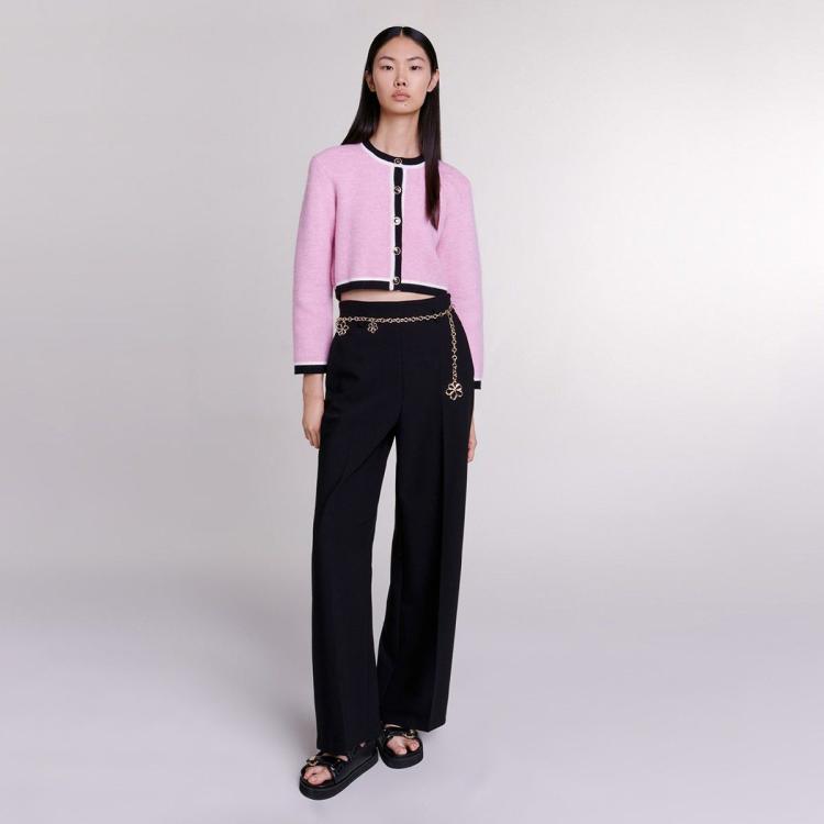 MAJE 冬季法式时尚撞色饰边粉色长袖羊毛混纺针织开衫上衣可内搭可外套