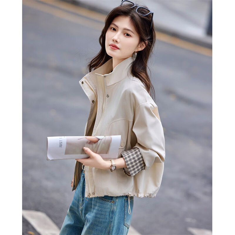 尚静外套女秋秋新款女装时尚百搭格纹撞色抽绳设计感小个子短款外套女
