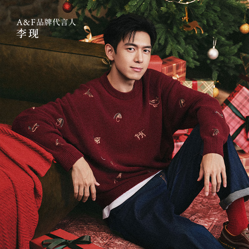 Abercrombie & Fitch【李现同款】美式宽松毛衣针织衫25秋冬新款男装120-5219圣诞 深酒红色