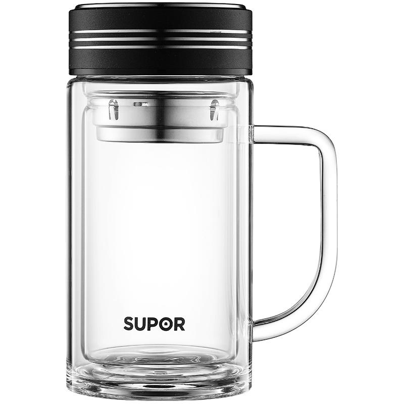 SUPOR 苏泊尔 双层玻璃杯大容量泡茶杯带把办公水杯男女士玻璃杯子500mL儒雅黑 带把手-儒雅黑 500ml