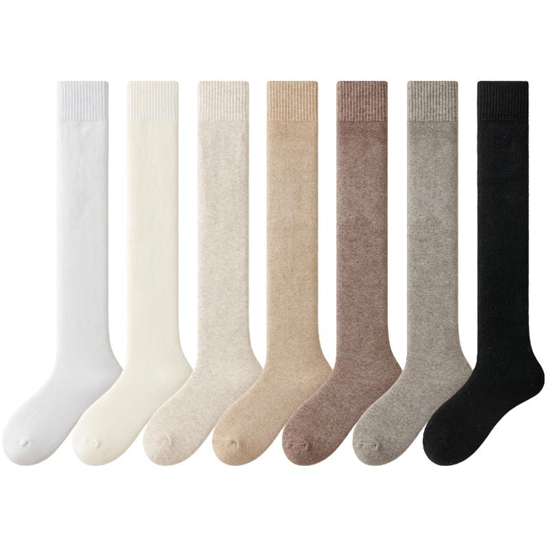 羊毛袜子女长筒加绒加厚秋冬季保暖毛圈超厚高筒羊羔绒过膝袜黑白