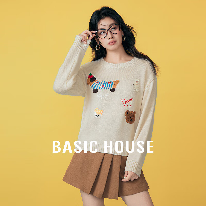 Basic House/百家好腊肠小狗提花毛衣今年圆领套头上衣 石竹白 L