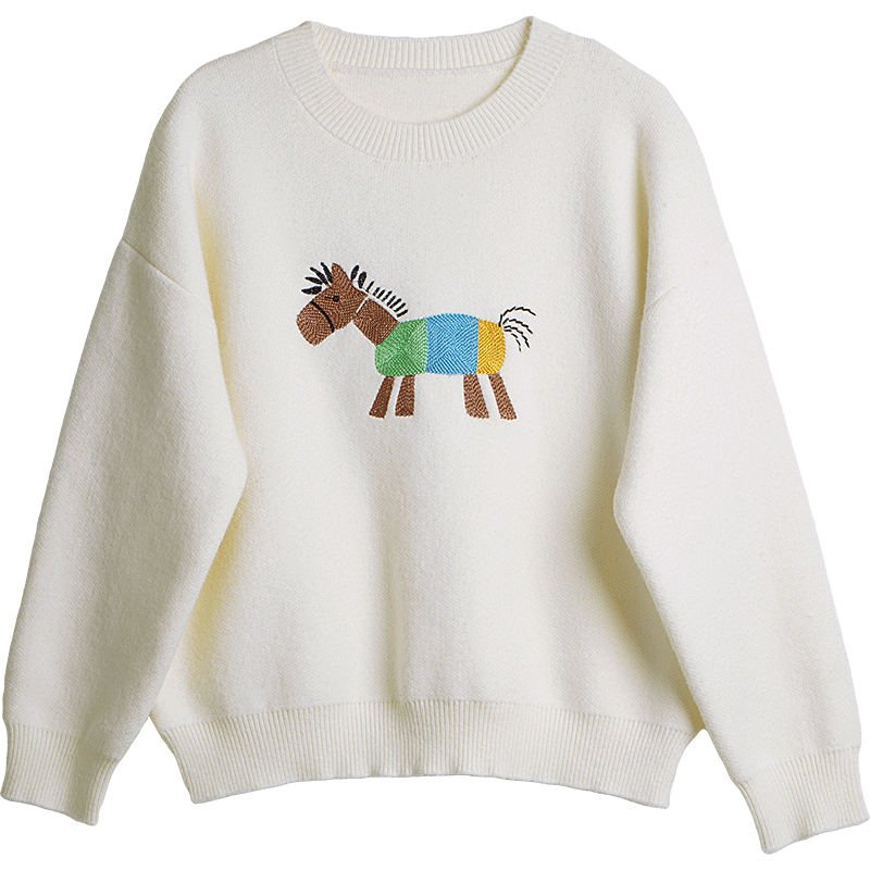 OLRAIN 【含羊毛小马绣花毛衣】2025年秋法式休闲宽松圆领针织衫