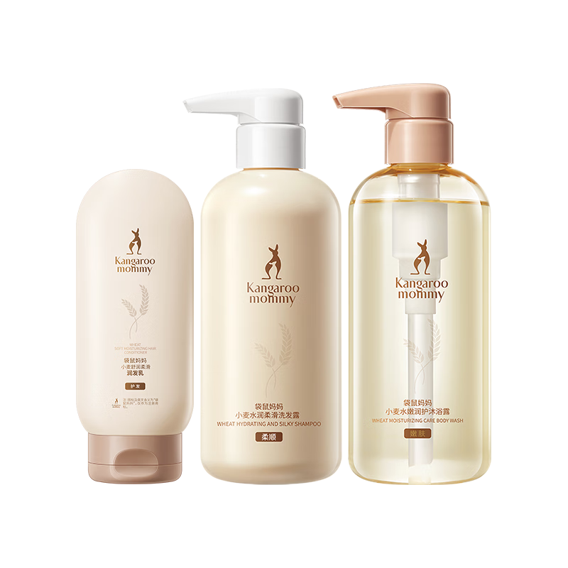 kangaroo mommy 袋鼠妈妈 孕妇小麦沐浴洗发套装 沐浴露 300g+洗发水 300g+护发素 200g