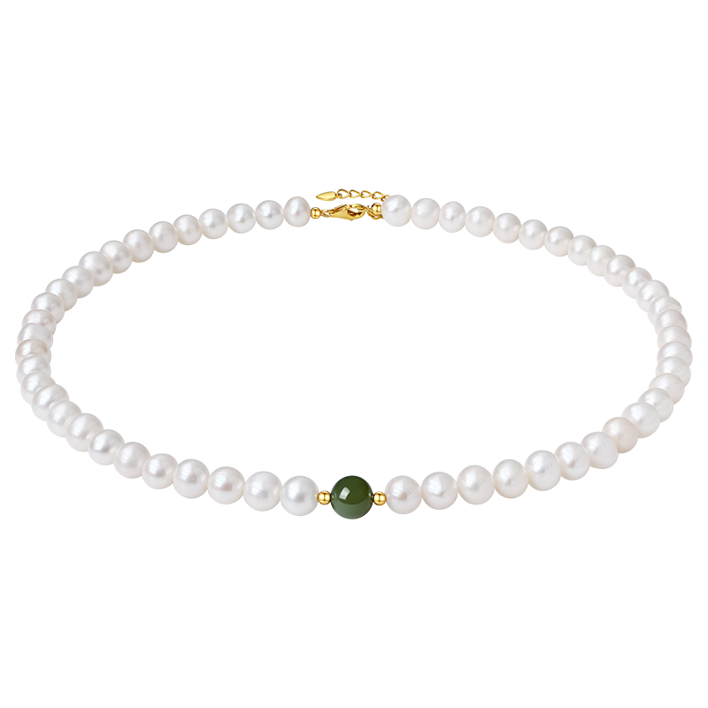 珍珠皇后 6.3-7.3mm淡水珍珠项链S925银和田玉全珠链女