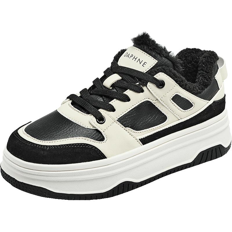 达芙妮加绒板鞋女款2025冬季增高女鞋保暖雪地靴厚底百搭休闲运动鞋 米黑色【加绒保暖】 35