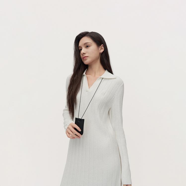 欧时力 春装 中长款美拉蓝气质Polo领针织连衣裙