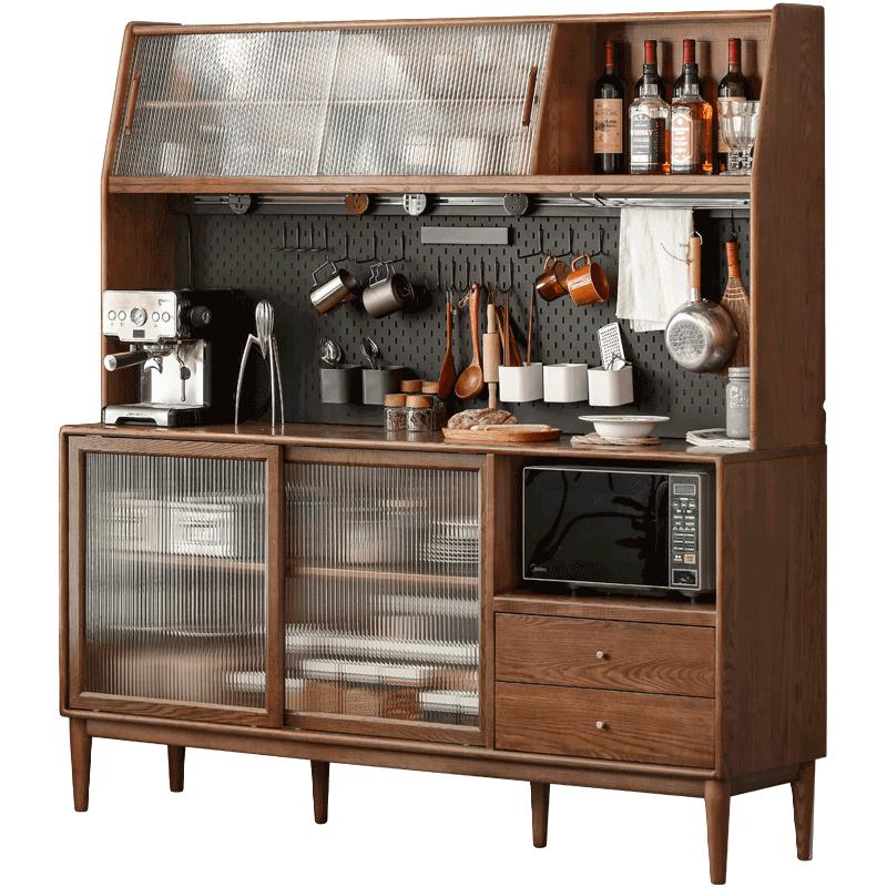 源氏木语实木餐边柜一体高柜茶水柜多功能储物柜简约碗柜家用酒柜 胡桃色1.5米（上下座+电力导轨）