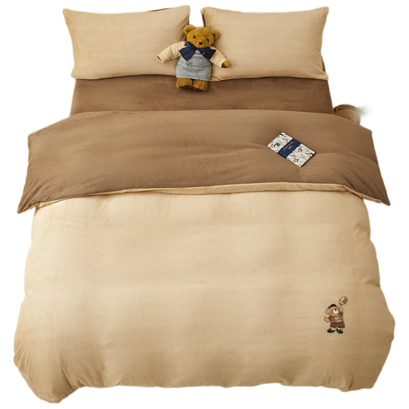 无印良品冬季加厚牛奶绒被套单件 双人法兰绒卡通床上被罩 200*230cm 牛奶绒被套-棕色小熊