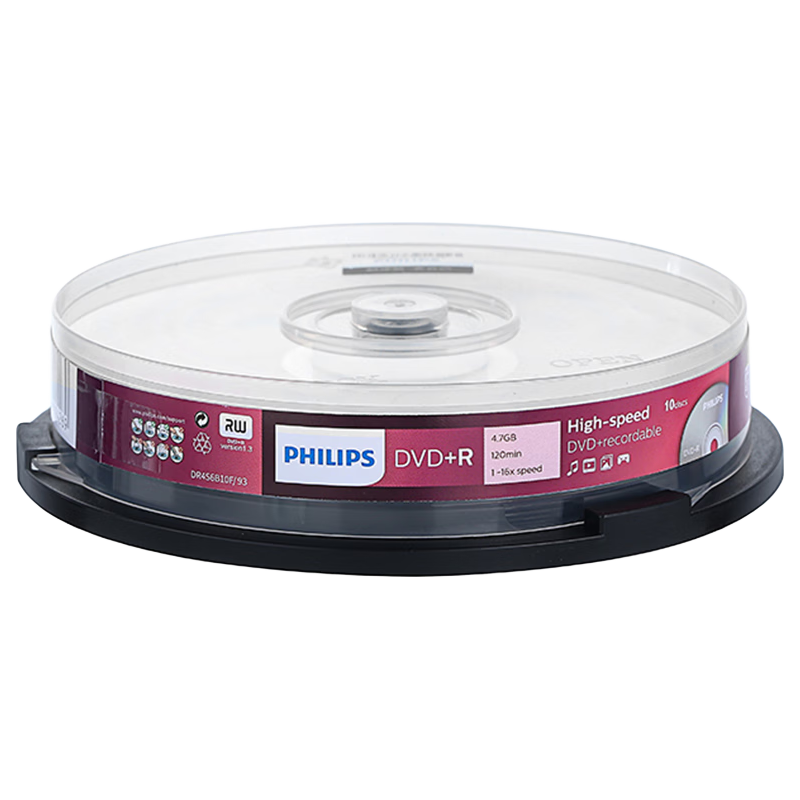 飞利浦（PHILIPS）DVD+R光盘/刻录盘 16速4.7G 桶装10片 空白光盘