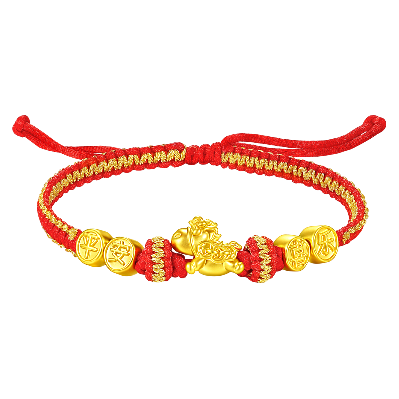 老凤祥马年本命年黄金手链女足金平安转运珠红绳纪念 足金钱币飞马平安喜乐手链