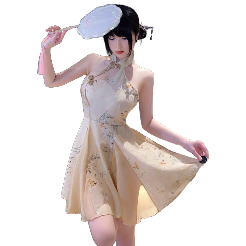 情趣中式旗袍露臀背套装内衣女级污度诱惑夫妻刺激性感连衣长裙床上约会战袍女人高端洞房睡衣 古韵新中式【连衣裙+T裤】 均码【体重80-125斤】