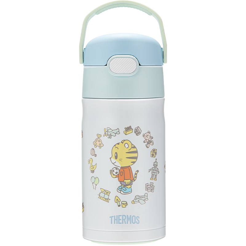 膳魔师（THERMOS）儿童水杯316L不锈钢带提手杯套吸管杯保温杯幼儿园水杯水壶 浅蓝巧虎 350ml（2套吸管）