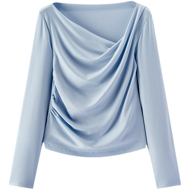 森马（Semir）长袖T恤女春季短款不对称荡领斜肩露肩紧身纯色2026上衣 冰蓝80932 3XL