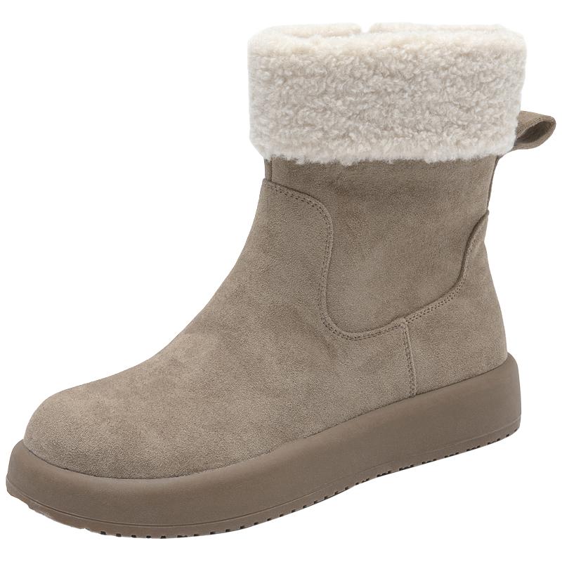 大东棉靴女鞋2024年冬季平底中跟侧拉链圆头时尚D0609