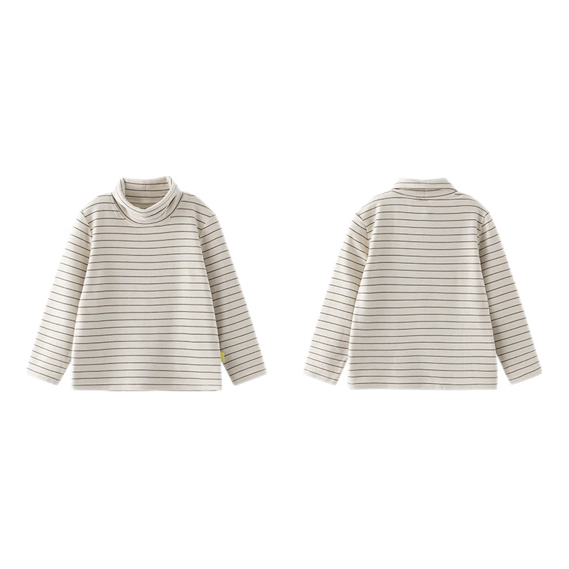 papa爬爬秋季儿童T恤男女童打底衫条纹圆领长袖上衣休闲洋气 棕白-翻高领 110cm