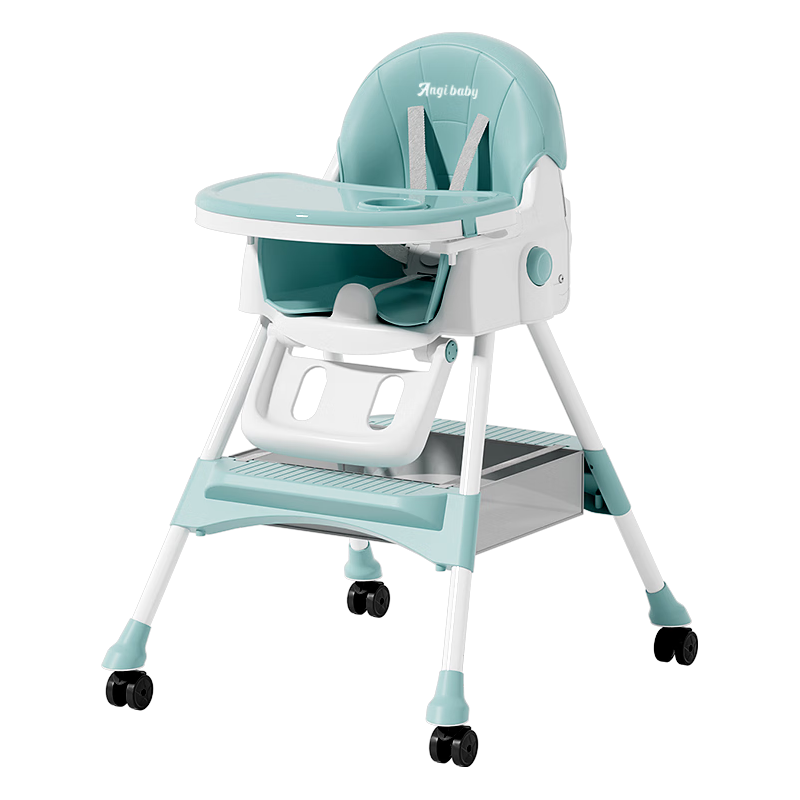 ANGI BABY宝宝餐椅儿童餐桌椅婴幼儿可折叠便携防侧翻多功能可调节吃饭座椅 牛油果绿【折叠+万向轮+调节】