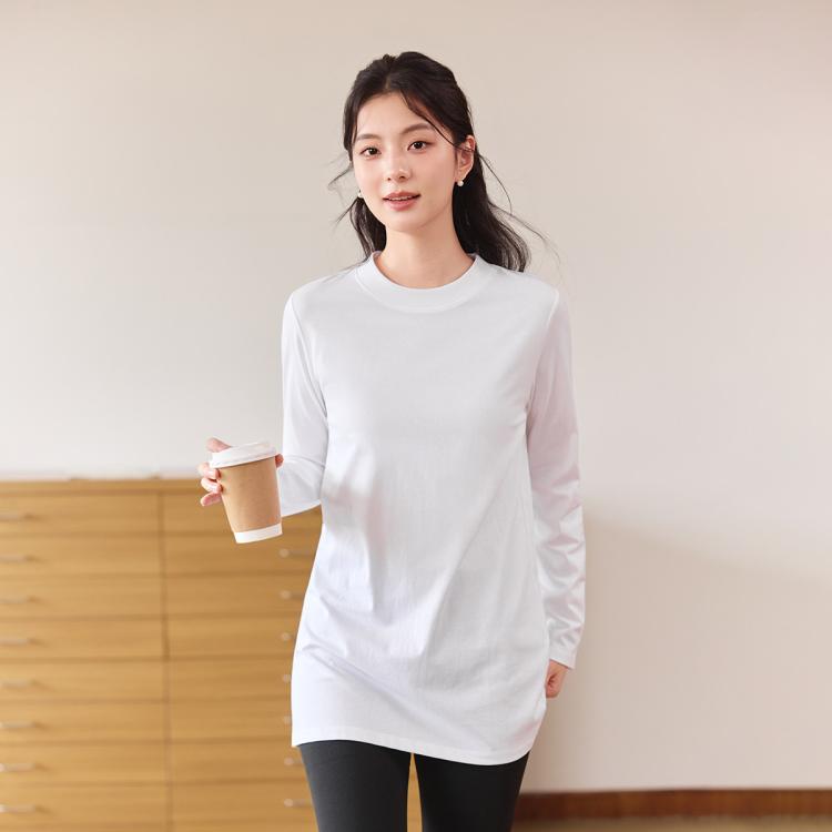 茵曼 白色中长款打底衫女25年秋季宽松百搭纯棉长袖T恤上衣女