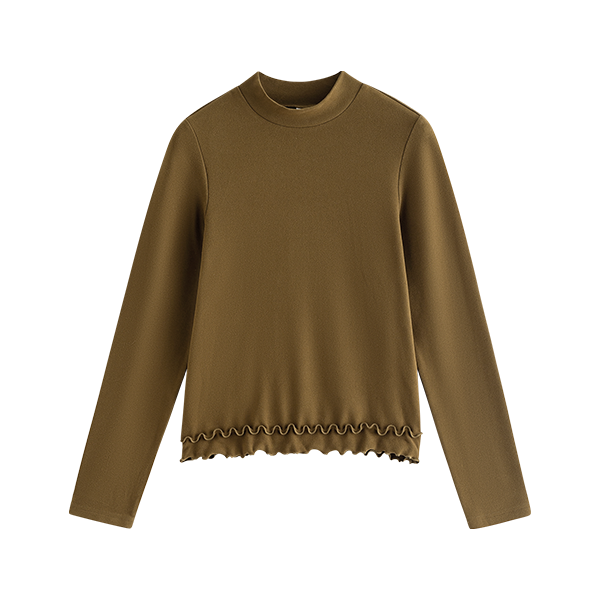 茵曼 圣诞红色磨毛保暖半高领打底衫女2025冬款百搭木耳边长袖T恤