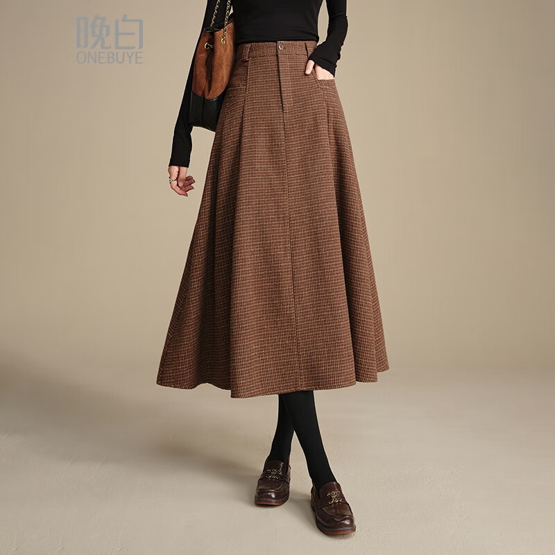 晚白2025冬款高腰羊毛A字半裙格纹复古时尚毛呢大摆半身裙 深咖色 M