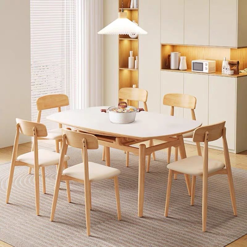 北欧实木风岩板餐桌家用可伸缩小户型轻奢方圆两用原木吃饭桌子