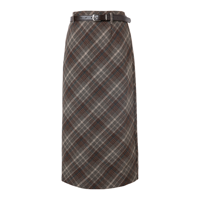 百图 【格纹毛呢裙】秋冬撞色格纹后开叉中长款直筒半身裙