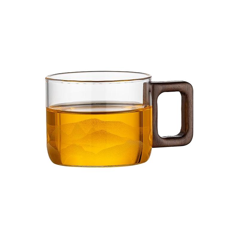 高硼硅玻璃杯家用加厚耐热玻璃茶具品茗杯胡桃木带把小把杯花茶杯