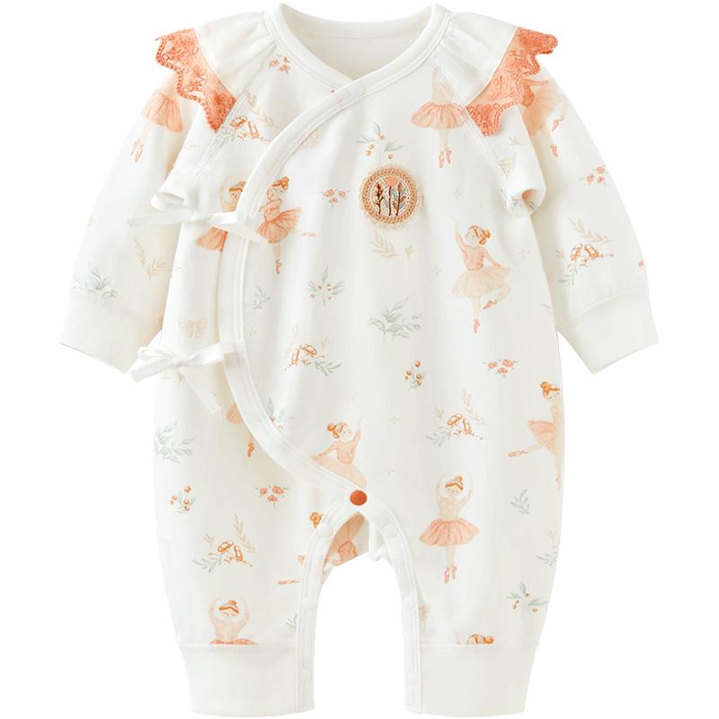 新生儿衣服春秋款初生女宝宝长袖连体衣甜美花边婴儿秋装