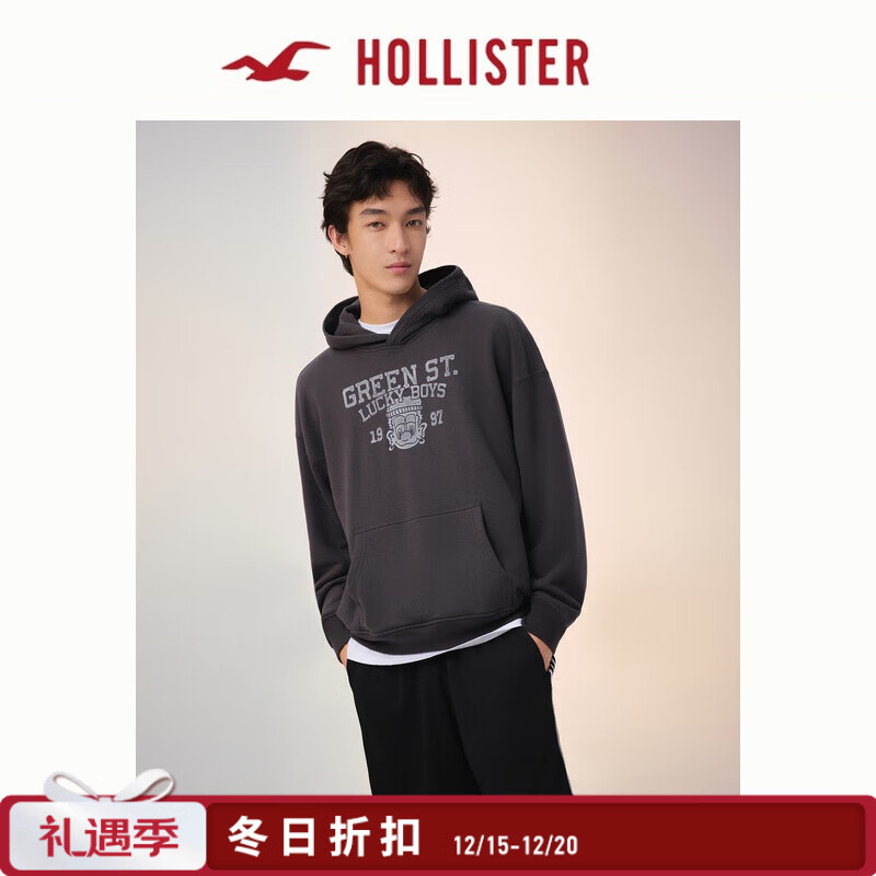 HOLLISTER【时髦运动风】25秋毛圈布连帽卫衣男装女装322-5196 黑色