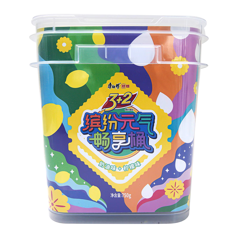 康师傅3+2苏打夹心饼干缤纷装750g礼盒装休闲零食早餐下午茶 缤纷桶 750g*1盒