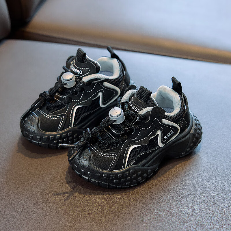 温小影儿童鞋子透气网面轮胎底软底防踢男童运动鞋中小童男童潮流老爹鞋 黑色 21 内长约13.5CM