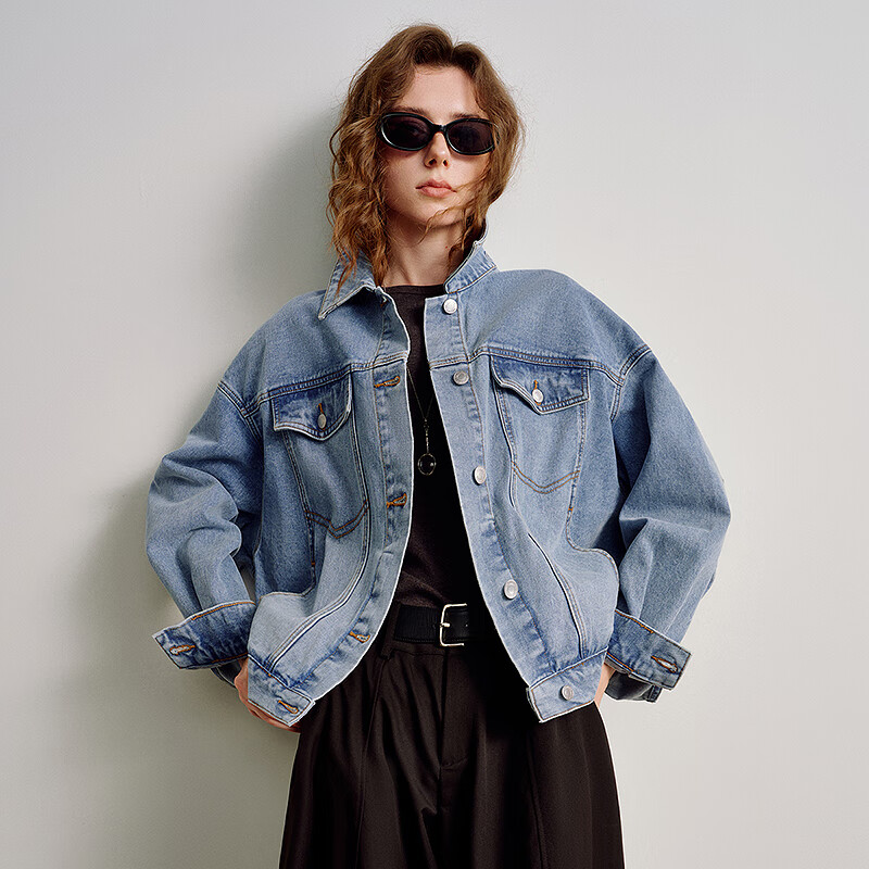 初语棉质牛仔外套女2026春季复古浅蓝宽松做旧夹克休闲上衣 牛仔浅蓝 M